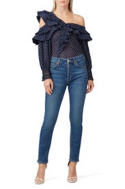 Navy Plumetis Frilled Top by Self-Portrait