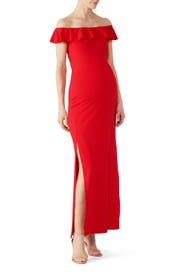 Red Ruffle Slit Maternity Gown by Susana Monaco