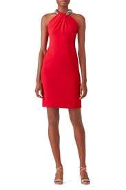 Red Beaded Toga Dress by Carmen Marc Valvo