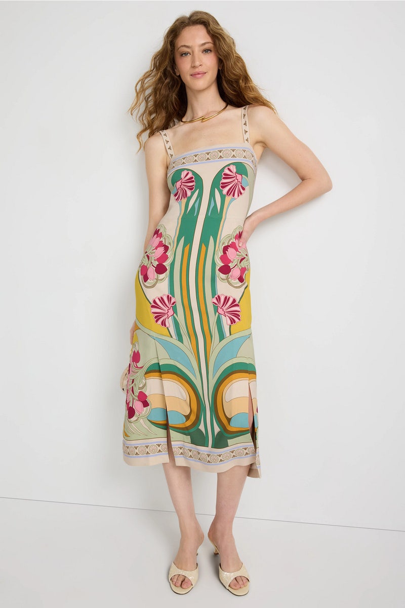 knee length dresses for ladies San Carlo Dress in Aquamarine Zodiac Place Silk Twill