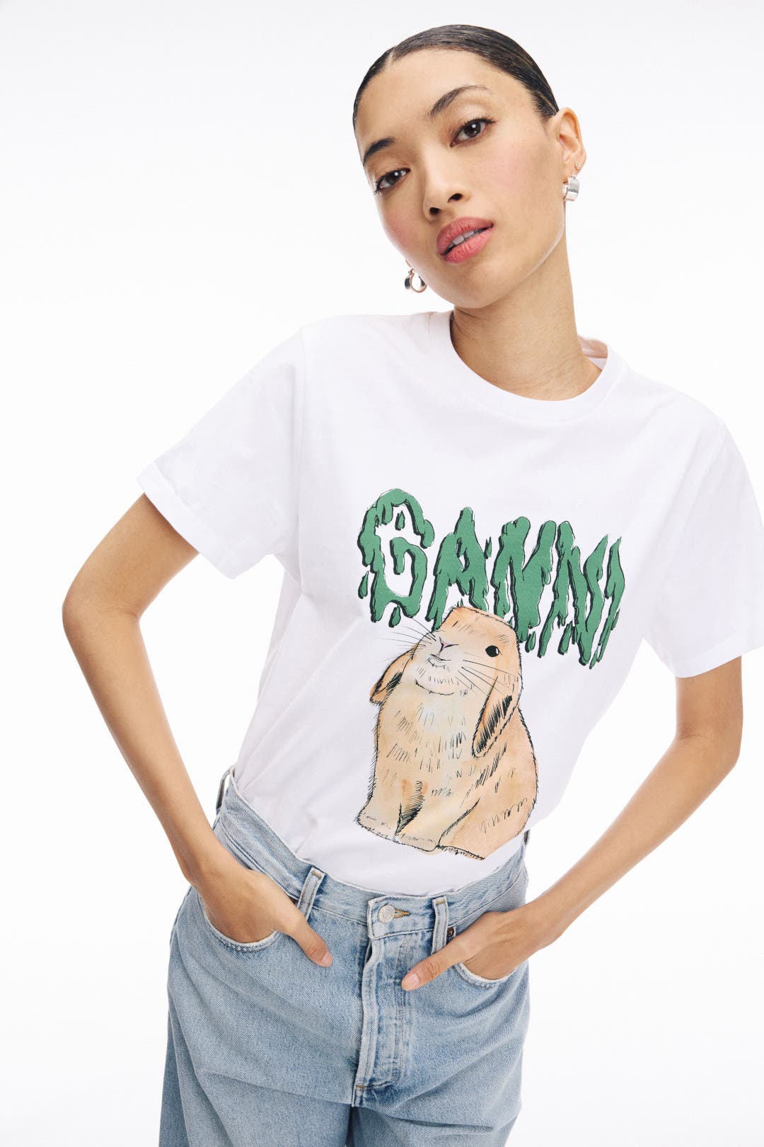 関税送料込み！【GANNI】 BUNNYリラックスTシャツ Bright White Relaxed Bunny T-shirt | GANNI US