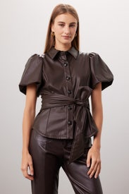 Tie Waist Faux Leather Shirt by Toccin