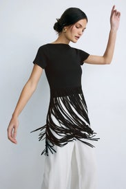 Short Sleeve Fringe Sweater by Toccin