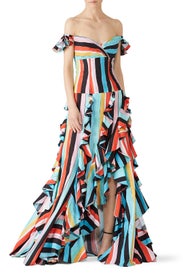Rainbow Striped Ruffle Gown by CAROLINE CONSTAS