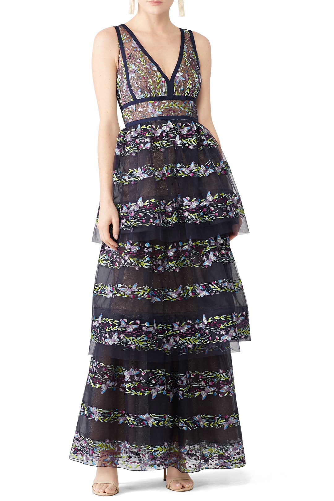 Navy Floral Tiered Gown by Marchesa Notte 0