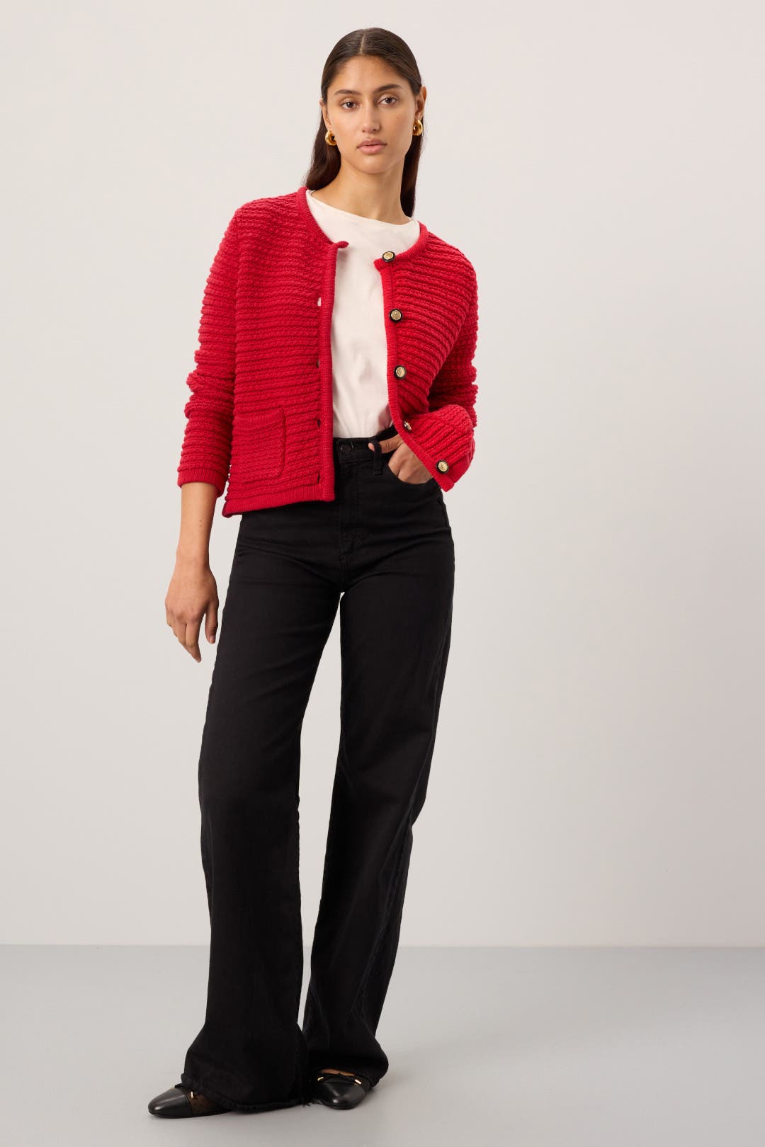 トップス PERVERZE Sheer Ribbed Knit Cardigan/Red PERVERZE（パーバーズ）の「Sheer Ribbed Knit Cardigan