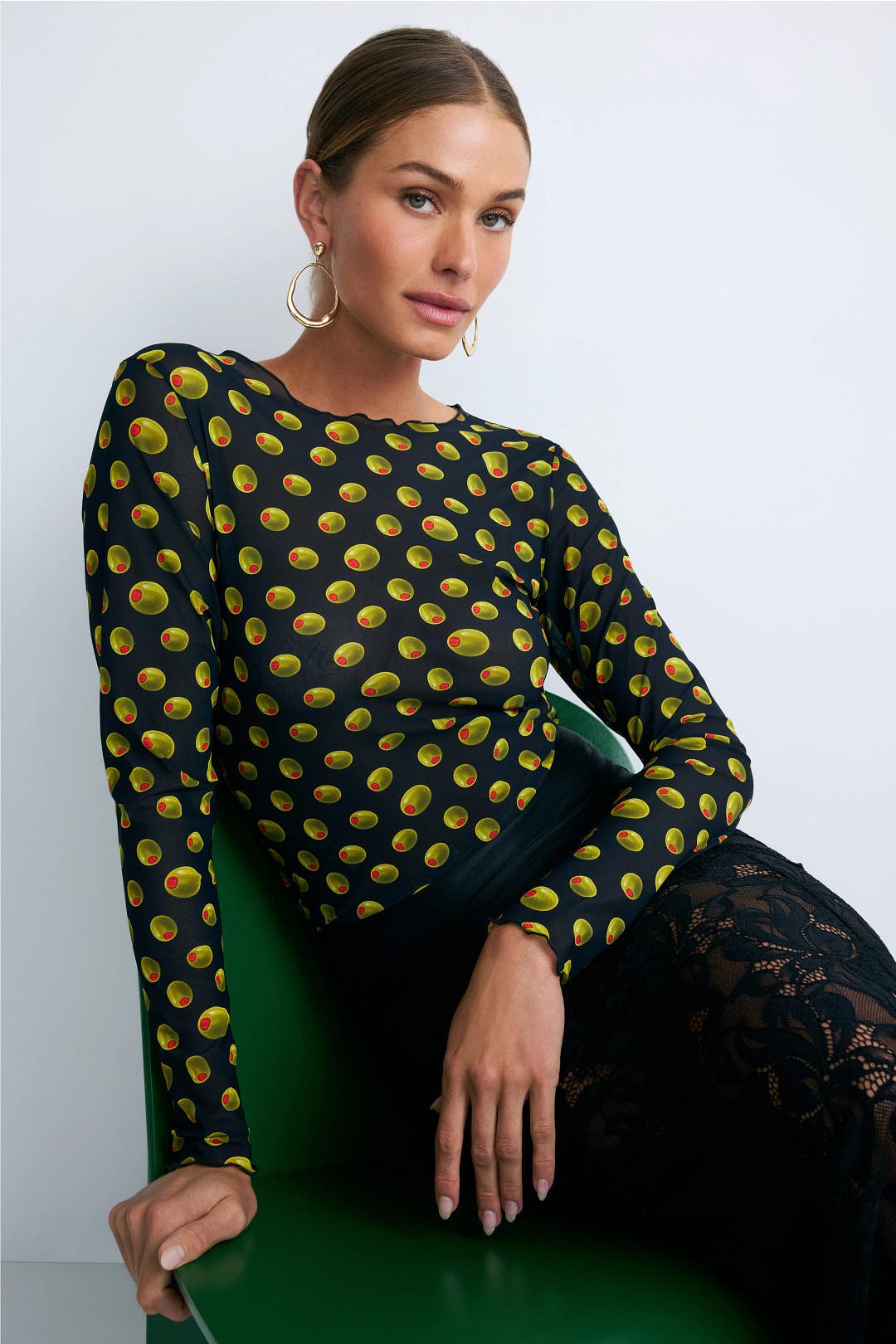 Mesh Long Sleeve Olive Printed Top by Terez | Rent the Runway