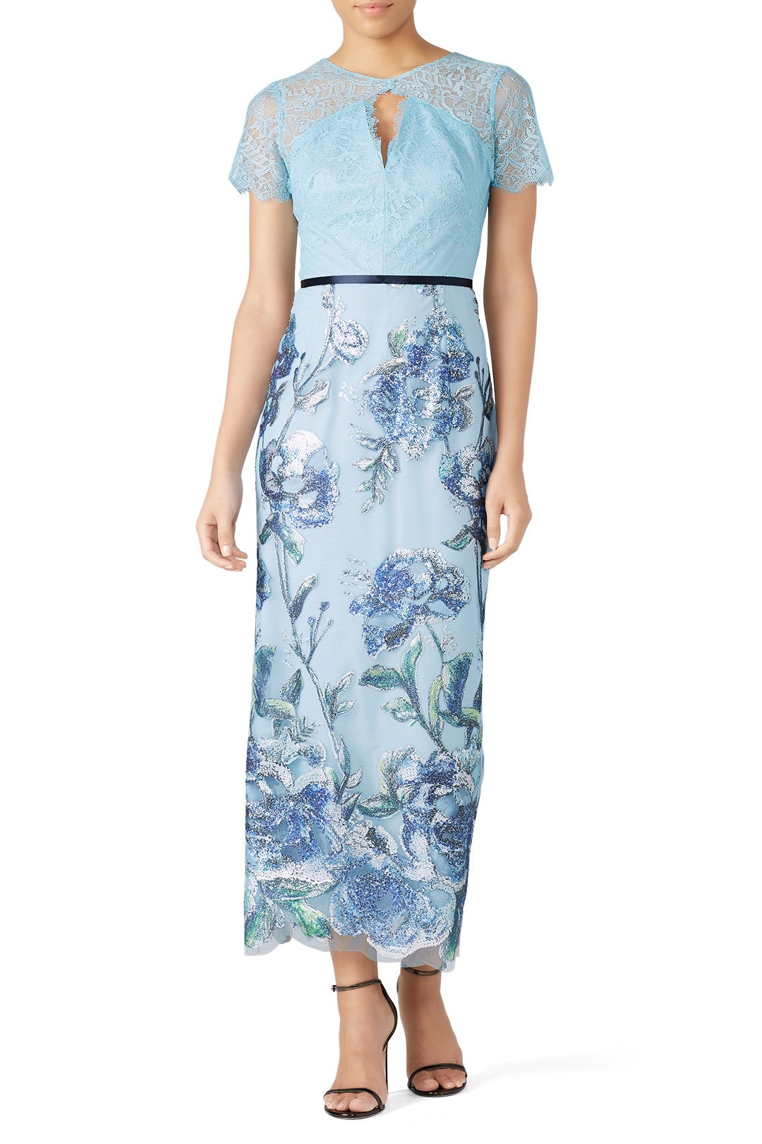 Blue Artwork Sequin Dress by Marchesa Notte 0