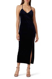 Navy Velvet High Slit Dress by Bardot