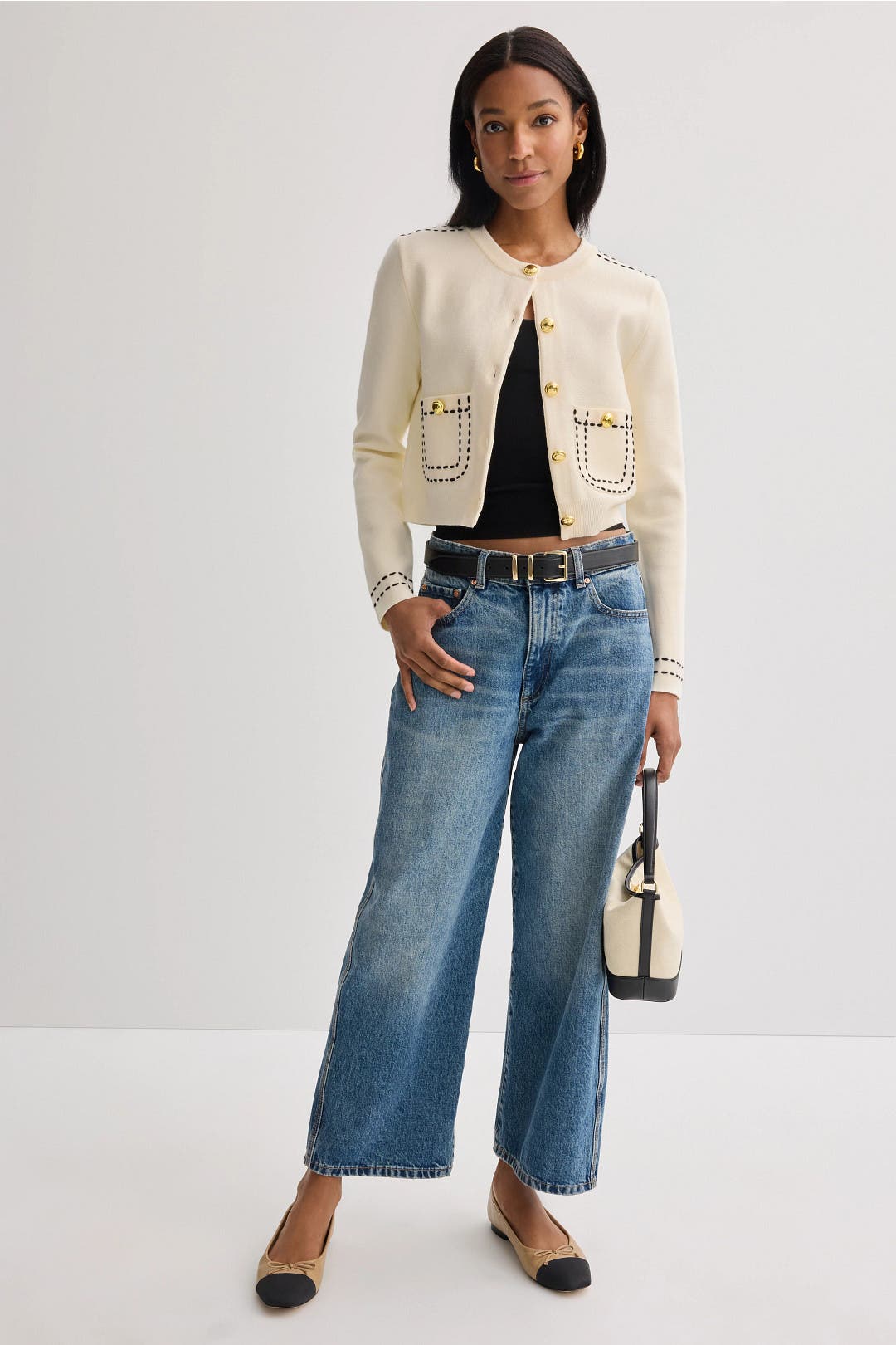Stitch Detail Puff Sleeve Cardigan by English Factory | Rent the Stitch Detail Puff Sleeve Cardigan by English Factory | Rent the
