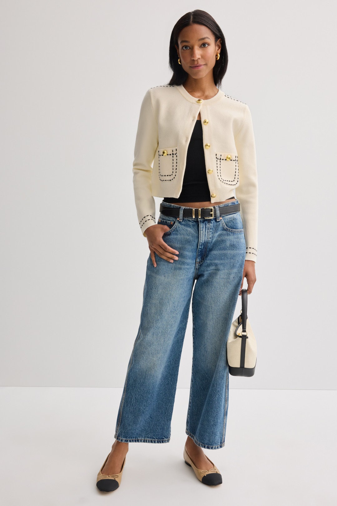 Stitch Detail Puff Sleeve Cardigan by English Factory 0