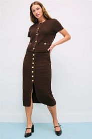 Button Front Knit Midi Skirt by Toccin