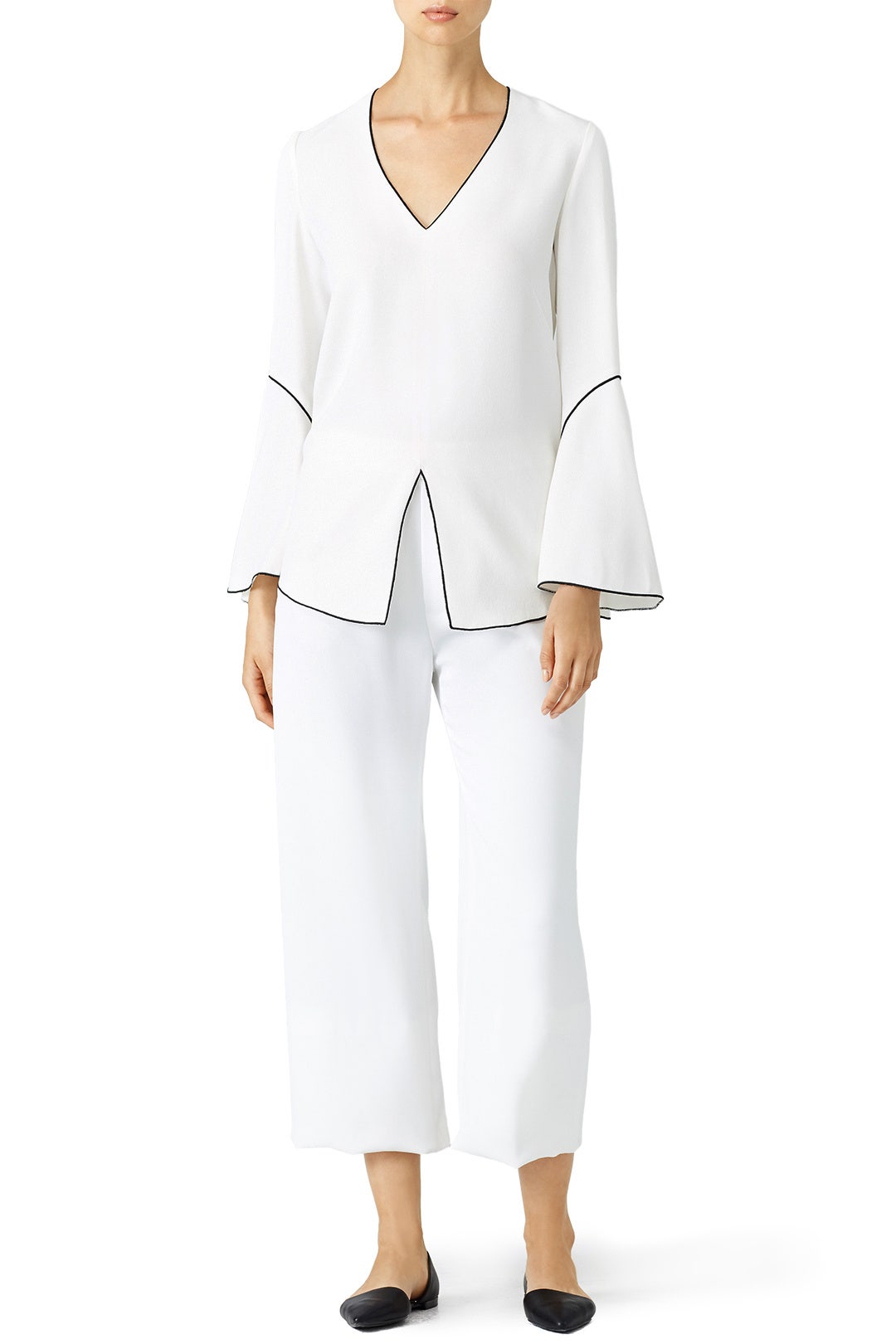 White Bell Sleeve Piping Blouse by DEREK LAM 0
