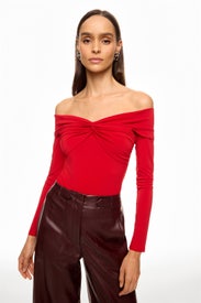 Red Off the Shoulder Knot Jersey Top by Prabal Gurung x RTR