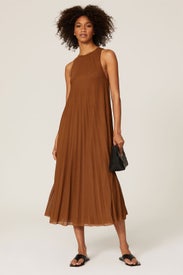 Brown High Neck Pleated Dress by VINCE.