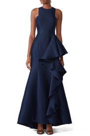 Navy Drama Ruffle Gown by Badgley Mischka