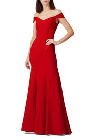 Red Crepe Off Shoulder Gown by Nicole Miller
