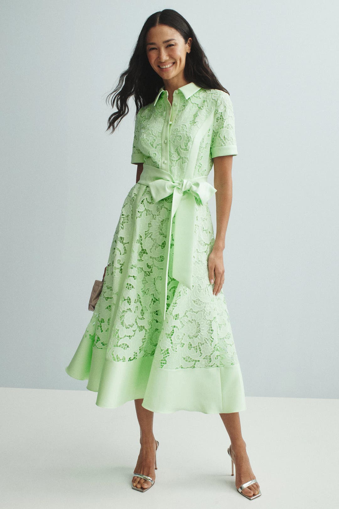 Badgley Mischka Belted Lace Shirt Dress Green