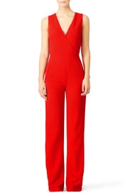 Red Pebbled Crepe Jumpsuit by Tory Burch