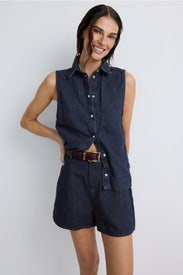 Denim Sleeveless Collared Shirt by 7 For All Mankind