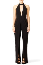 Black Embellished Collar Crepe Jumpsuit by HALSTON