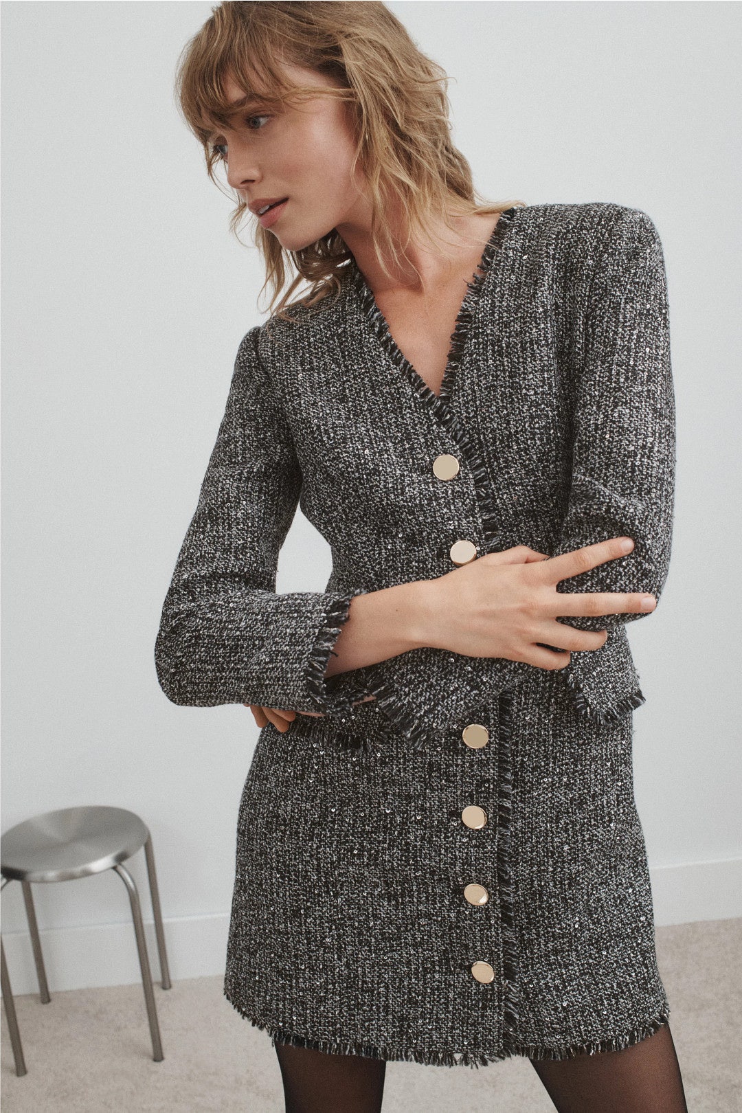 Tweed V-Neck Mini Dress by Toccin 0
