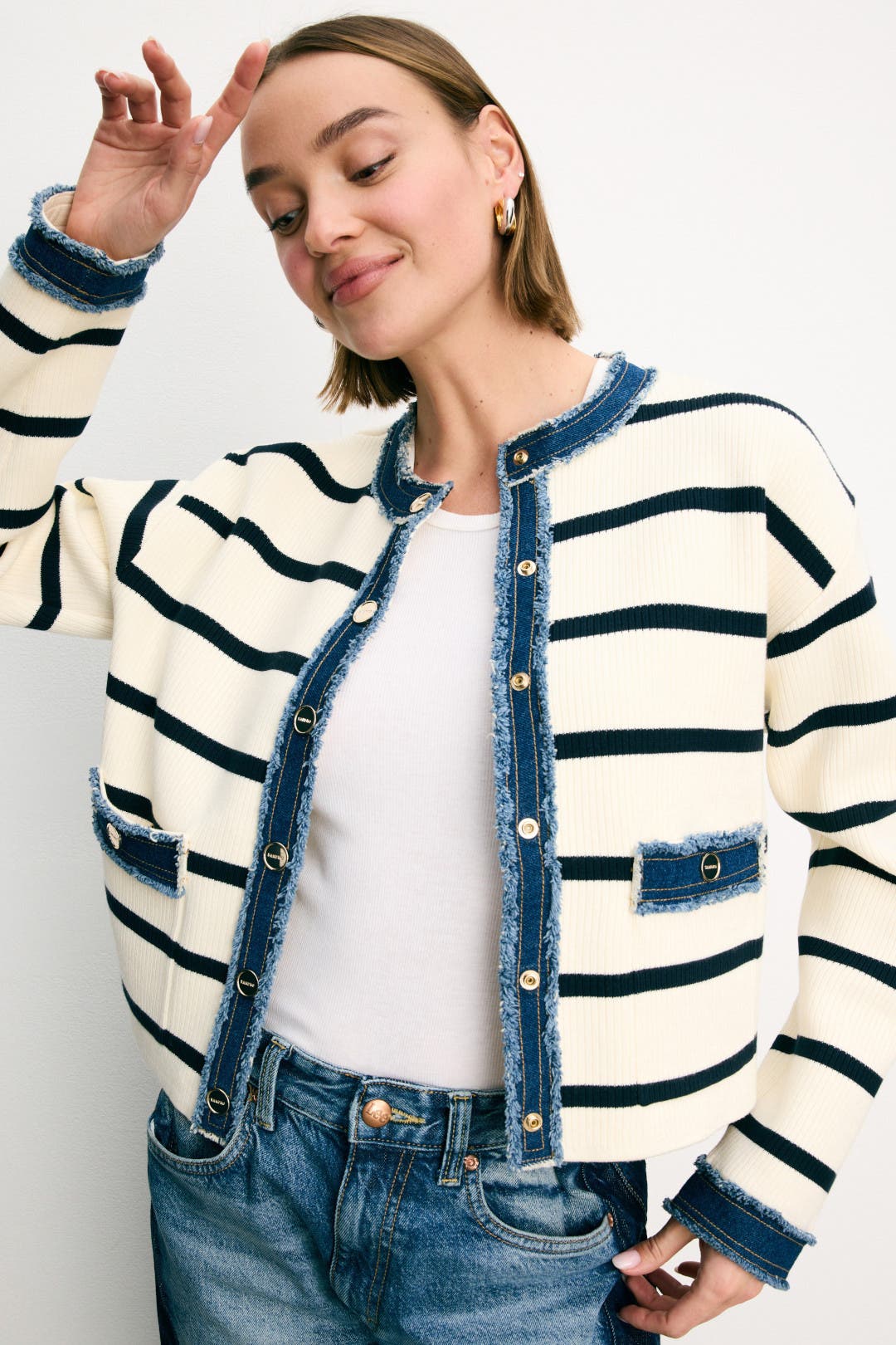 Stripey Cardigan With Denim Details by Sandro | Rent the Runway