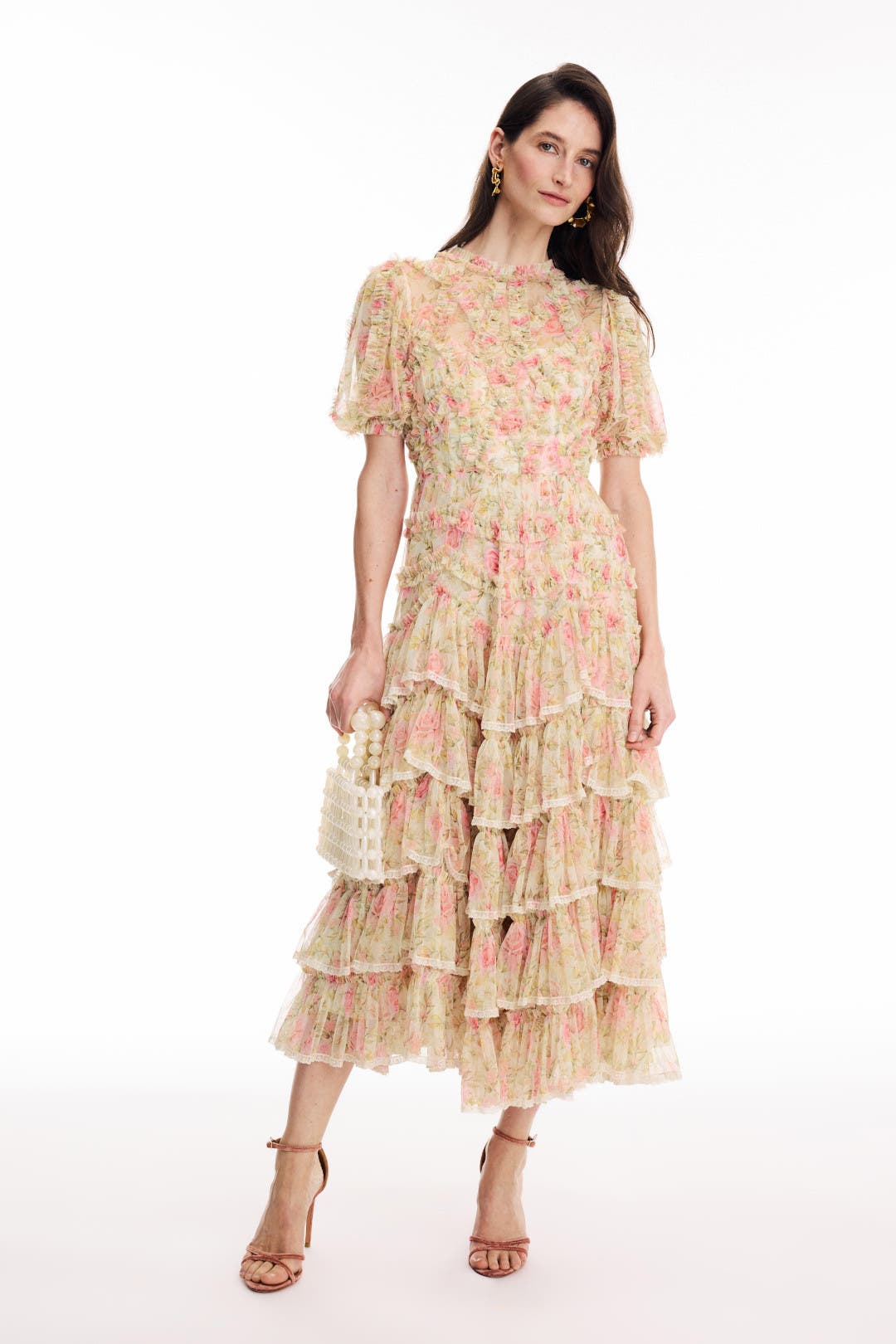 Ieena for Mac Duggal Lace Trim Printed Mesh High Neck Midi Dress Yellow-pink-print
