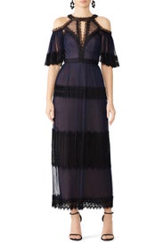 Navy Tiered Lace Gown by Marchesa Notte