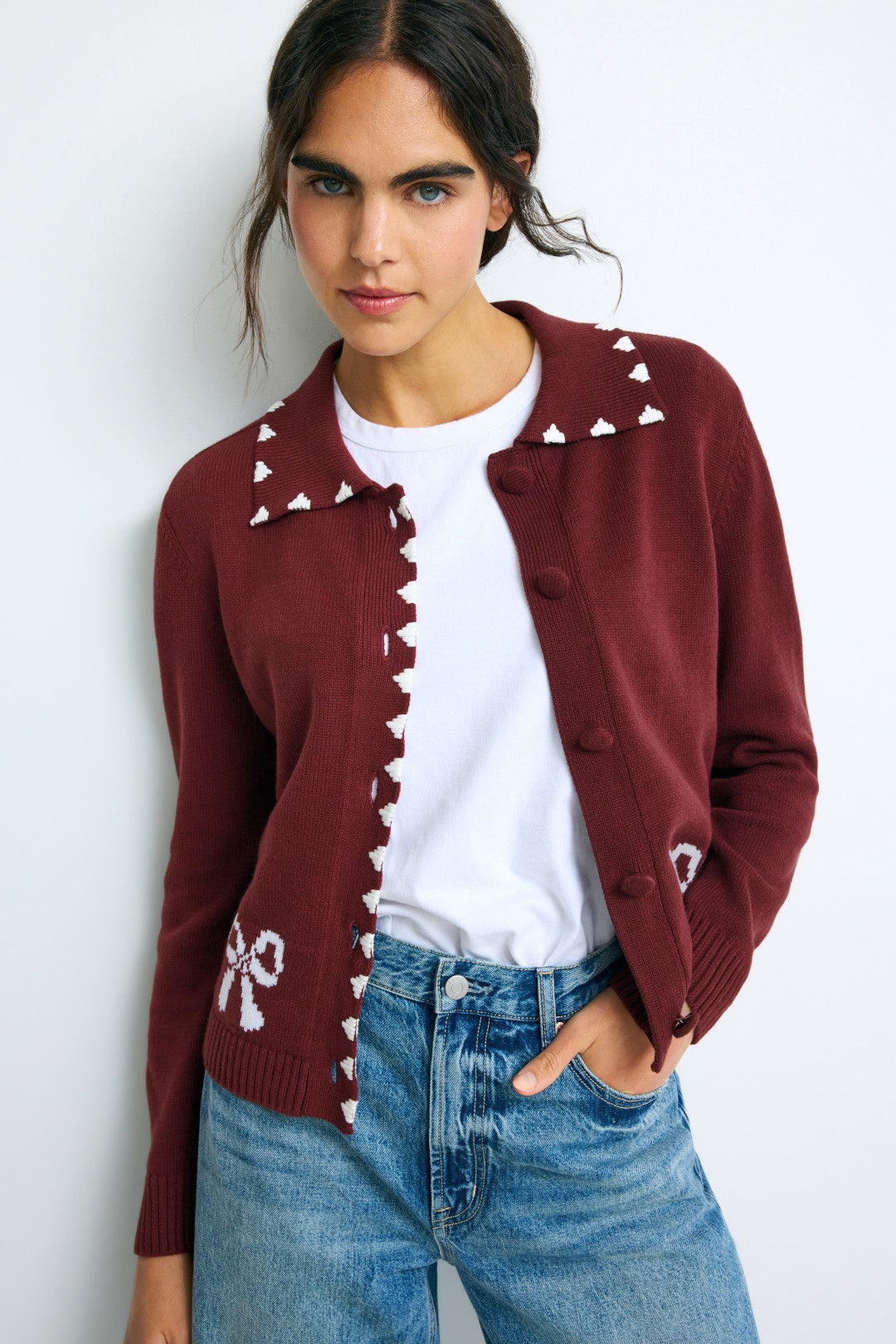 Ribbon Jacquard Collared Cardigan by CeCe 0
