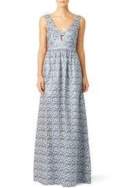 Blue Printed Jacquard Gown by Nicole Miller