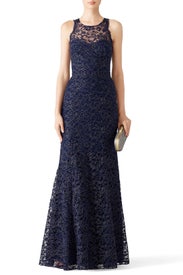 Navy Metallic Lace Gown by Marchesa Notte