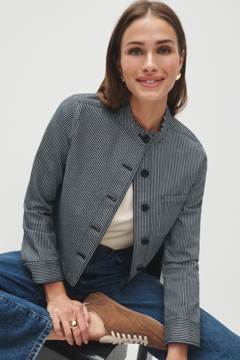 Short Pinstripe Button Up Chore Jacket by Ann Mashburn - Photo 0