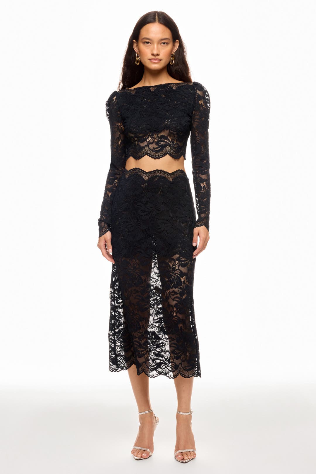 スカート RABANNE LAMINATED LACE MIDI SKIRT Lace midi skirt in black - Rabanne | Mytheresa