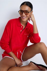 Red Terry Long Sleeve Polo Knit Top by Polo Ralph Lauren