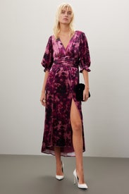 Satin Floral Wrap Midi Dress by Slate & Willow