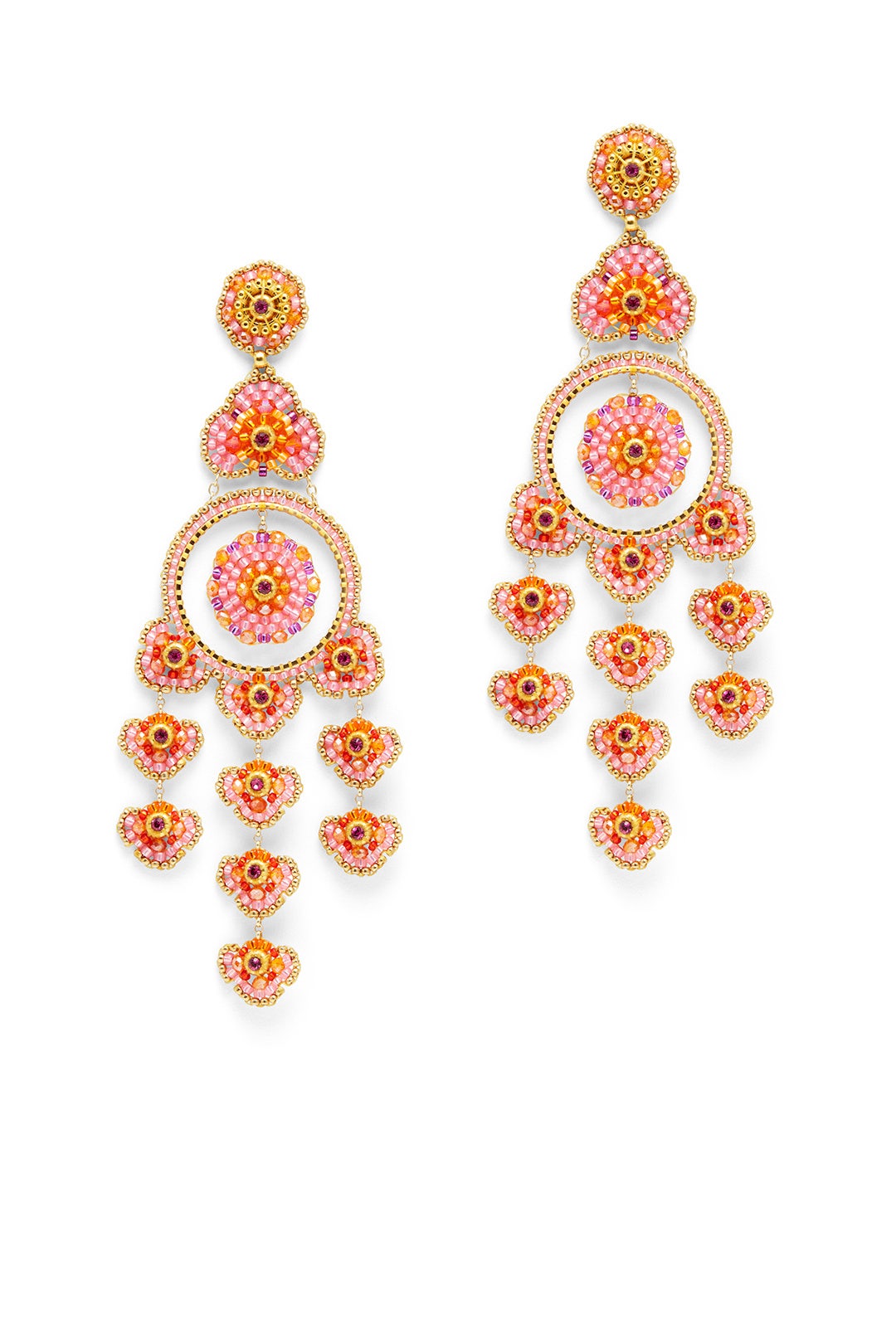 Pink and Orange Beaded Chandelier Earrings by Miguel Ases