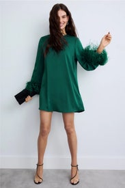 Lightweight Satin Shift Dress With Feathers by LAPOINTE