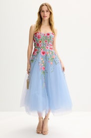 Slim Strap Sheer Bustier Embroidered Dress by Ieena for Mac Duggal