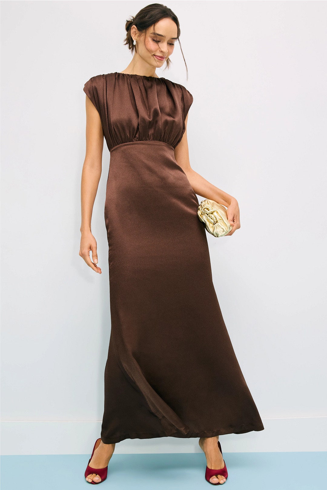 Brown Gathered Bust Gown by Jewel x Badgley Mischka 0