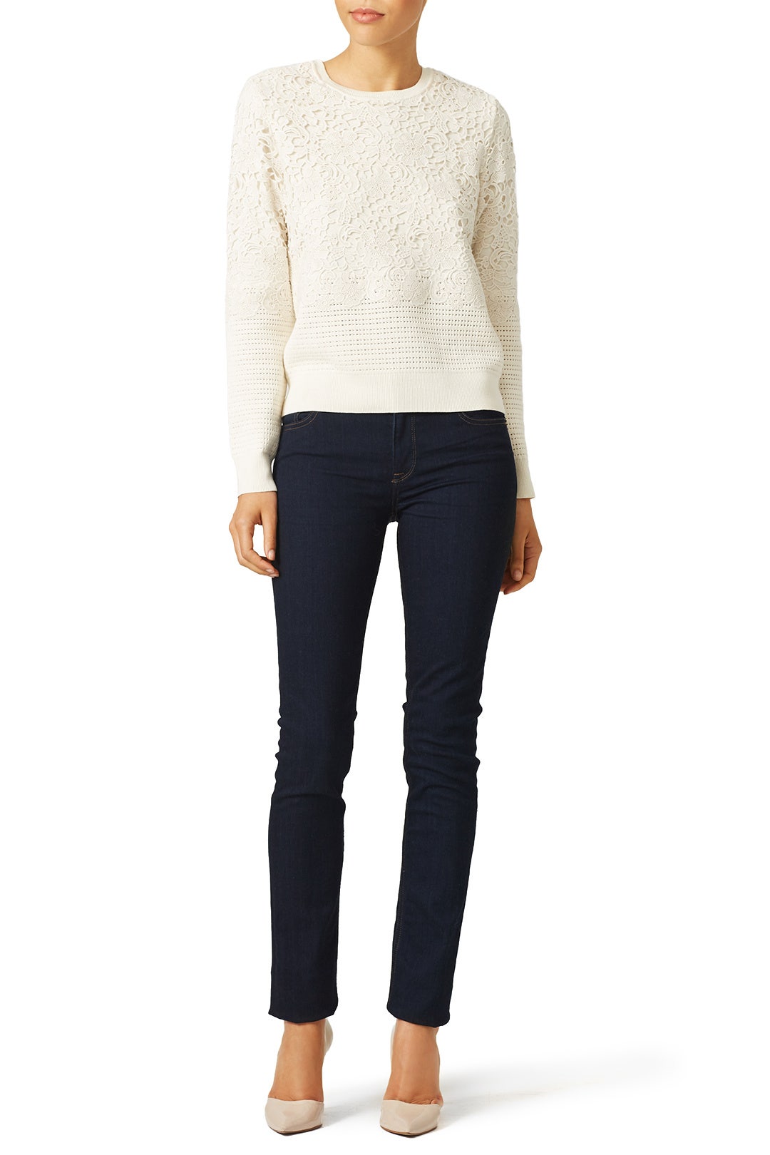 Ivory Pieced Lace Sweater by Tory Burch 0
