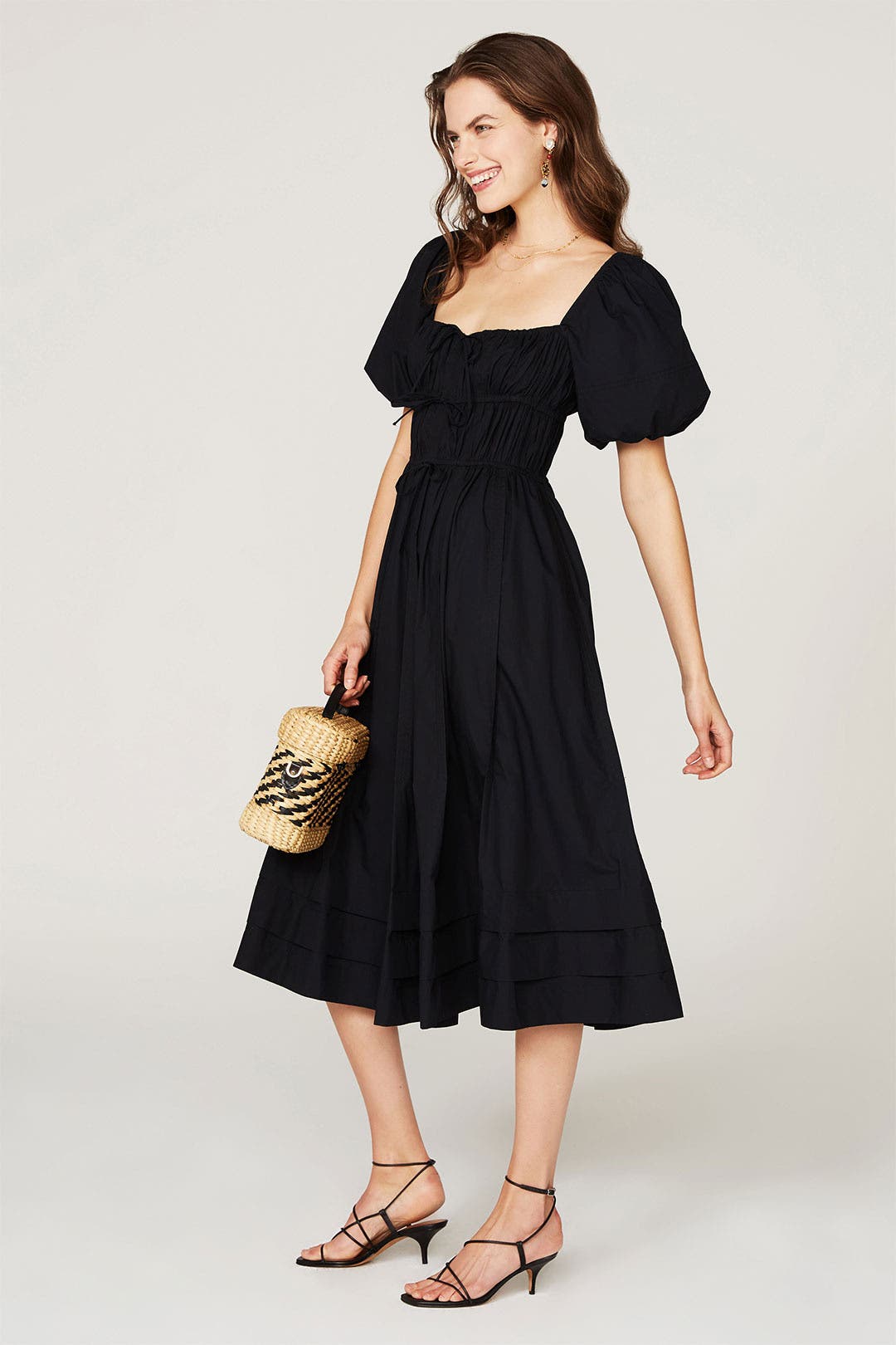 ulla johnson black dress Rosaria Embroidered Ruched Dress - Noir Velvet & Lace Sleeveless Midi Dress