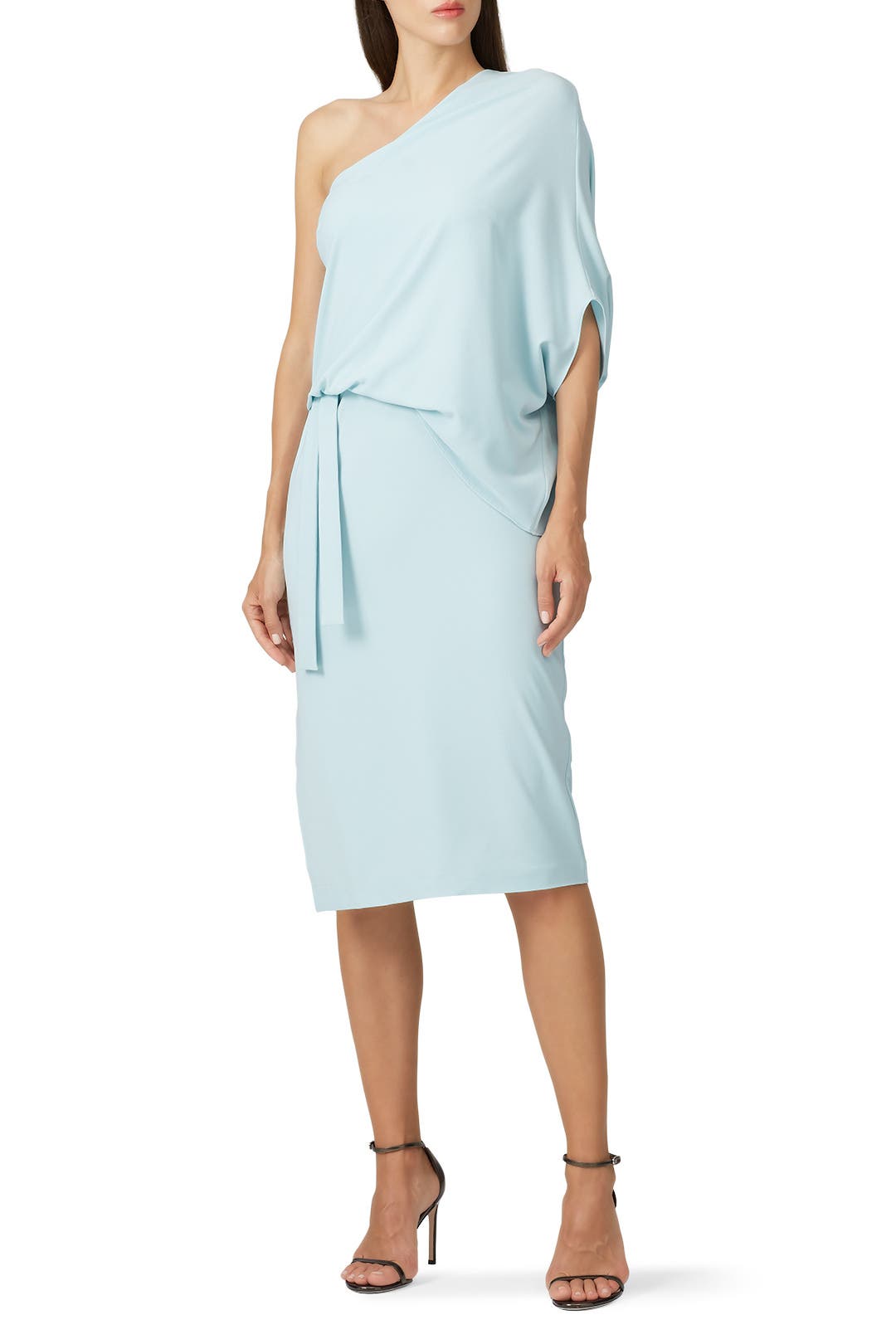 Draped Asymmetric Sleeve Midi Dress by HALSTON | Rent the Runway