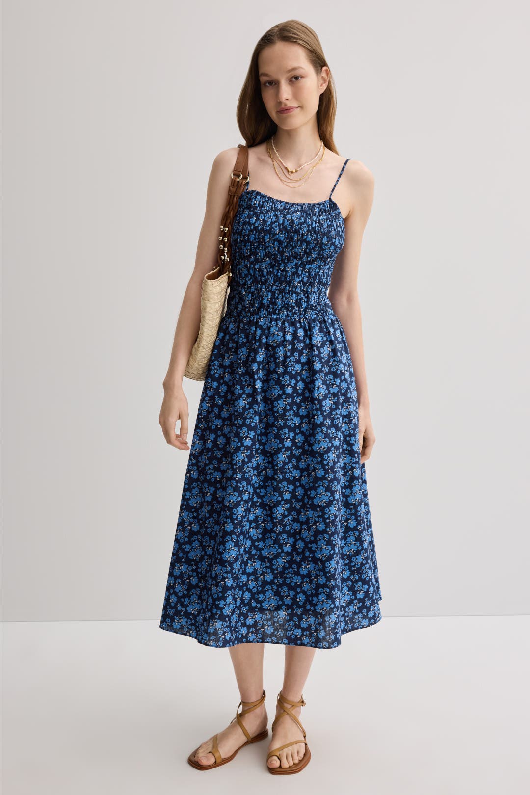 English Factory - Floral Print Smocked Midi Dress Navy Multi / L