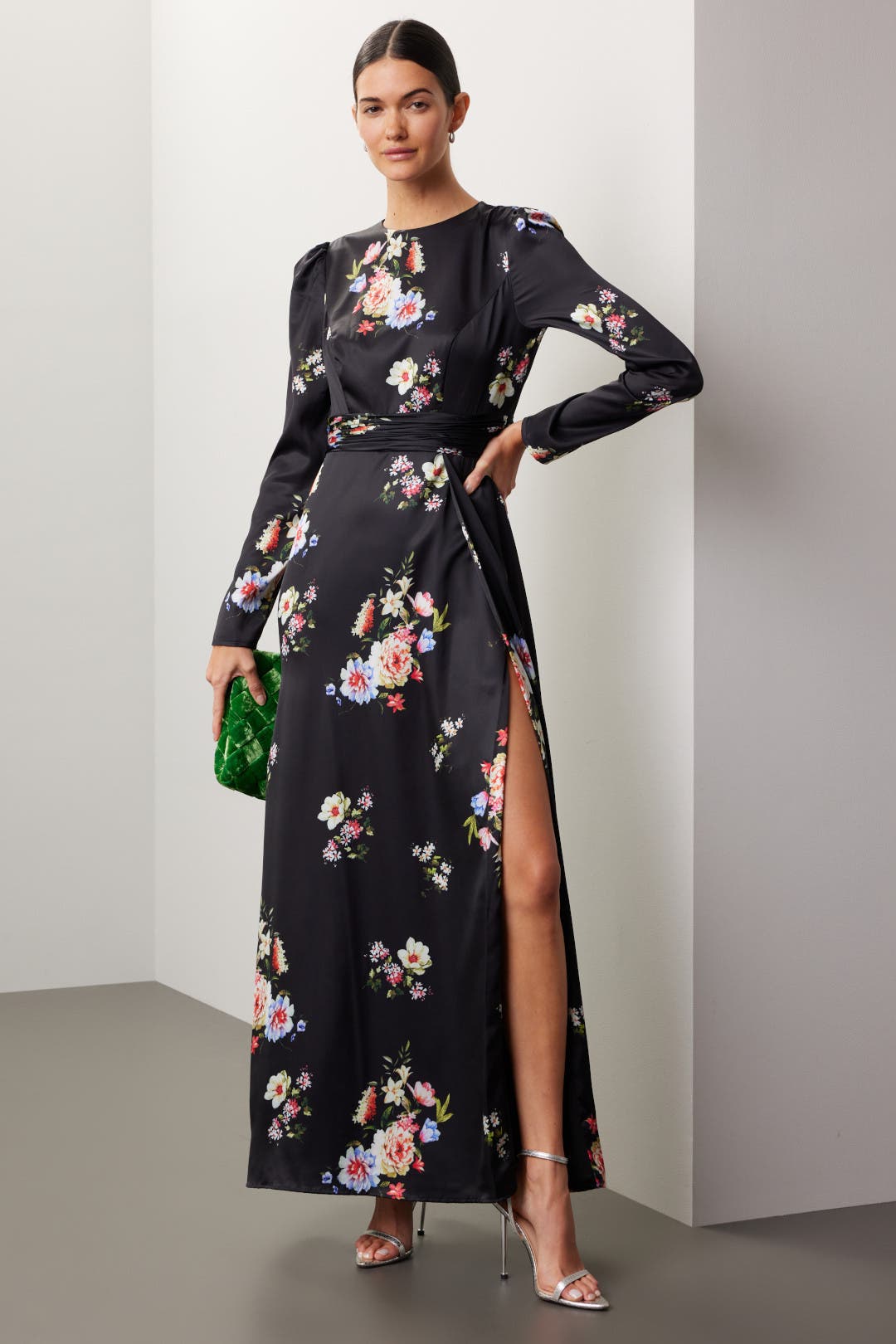 【Mac Duggal】フローラルプリントフェイクラップAラインドレス Floral Print Ruffled Wrap Over A Line Gown - Mac Duggal