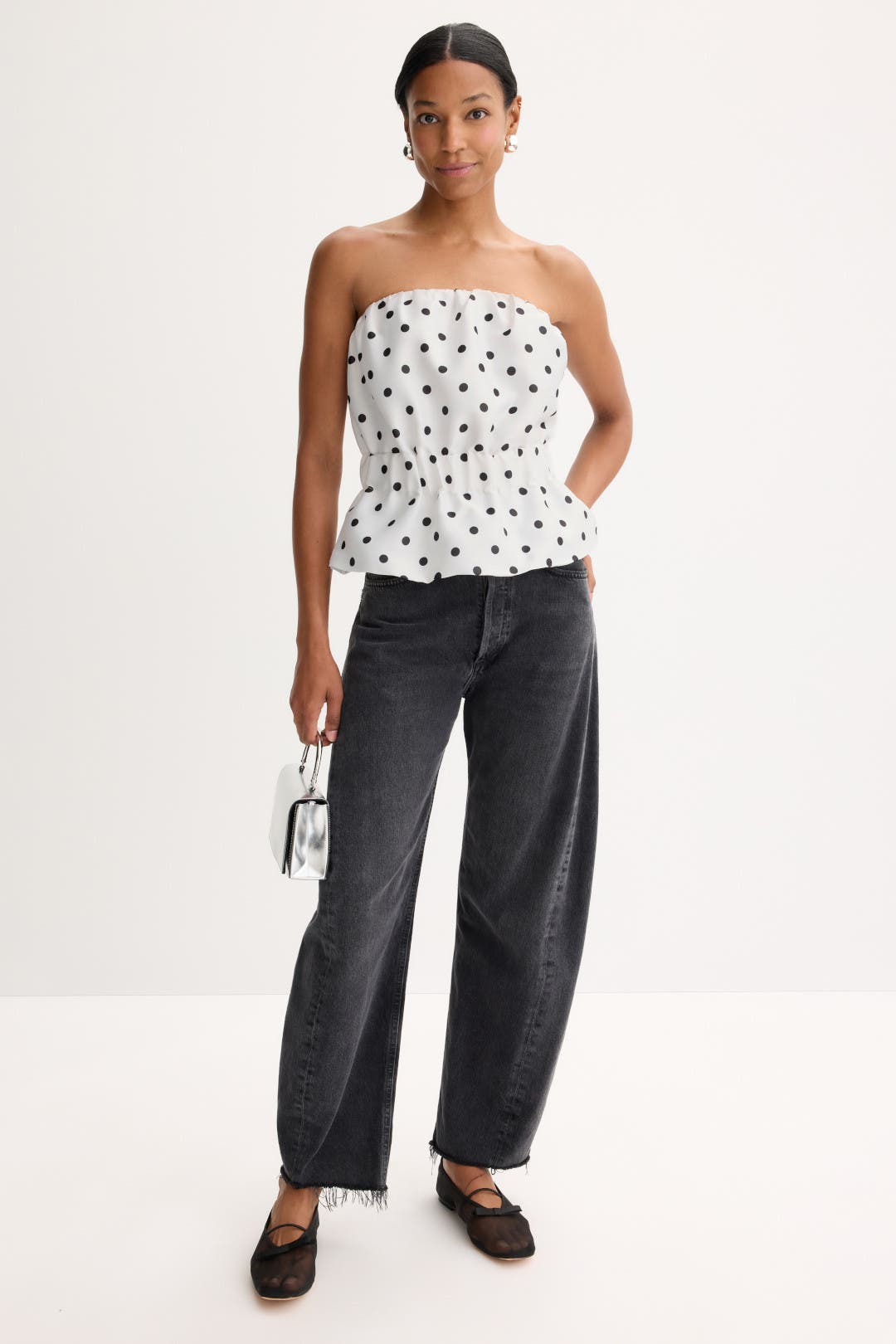 Strapless Polka Dot Peplum Top by French Connection | Rent the Runway