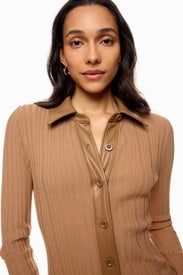 Camel Variegated Rib Knit Leather Combo Dress by Toccin