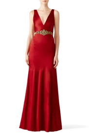 Wine Stretch Satin Gown by Marchesa Notte