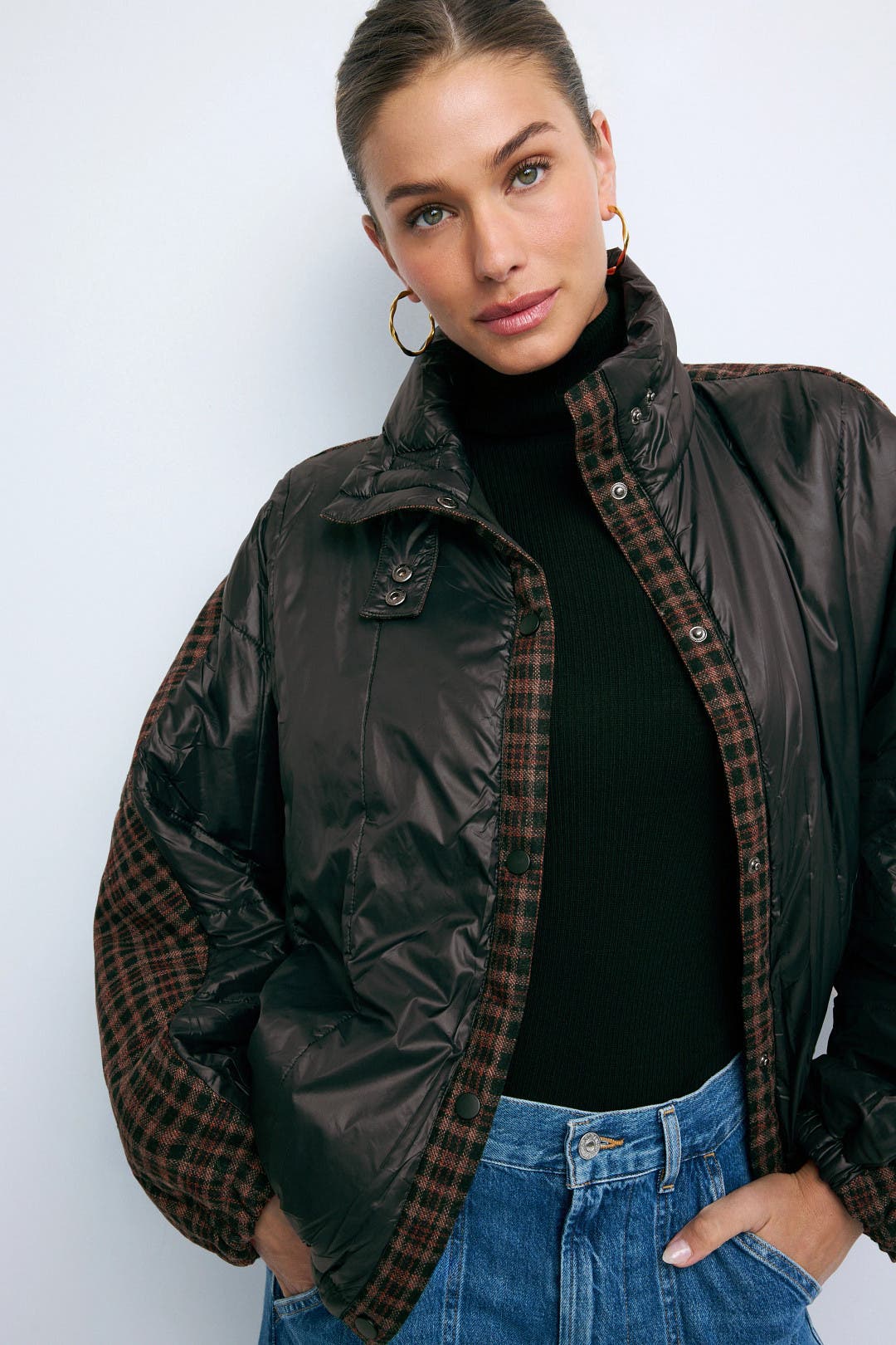 Greylin Beryl Mixed Media Quilted Puffer Coat Black-print