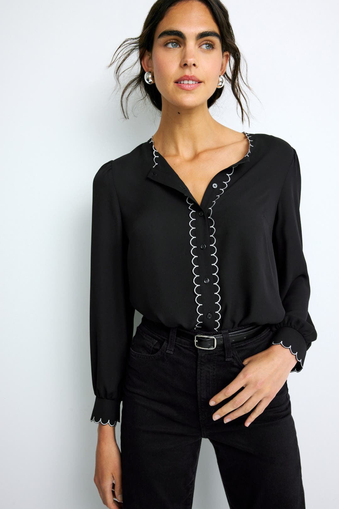Long Sleeve Button Down Scallop Detail Shirt by CeCe | Rent the Runway
